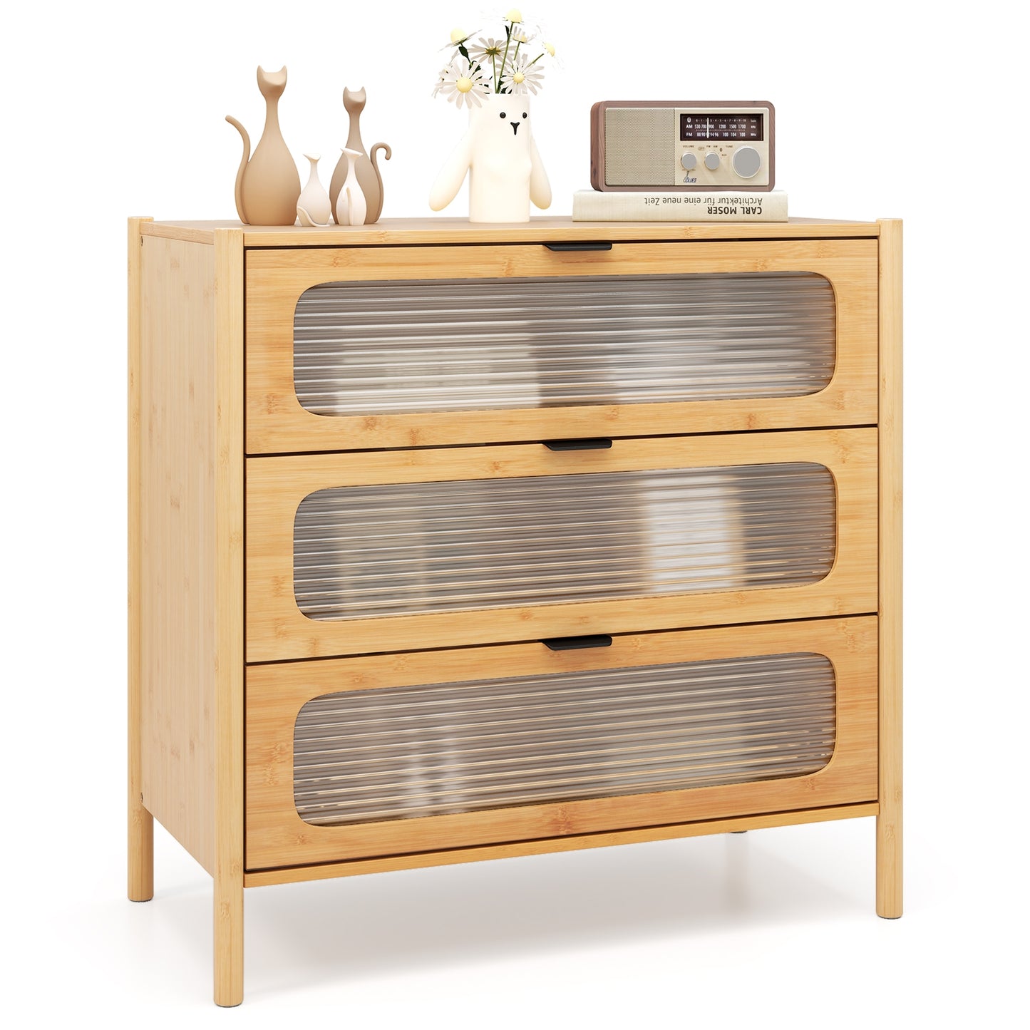 3 Drawer Mid Century Modern Chest of Drawers with Reeded Tempered Glass Front, Natural Cabinets & Chests at Gallery Canada
