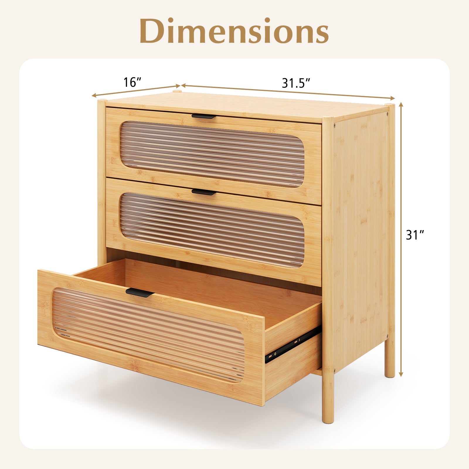 3 Drawer Mid Century Modern Chest of Drawers with Reeded Tempered Glass Front, Natural Cabinets & Chests at Gallery Canada