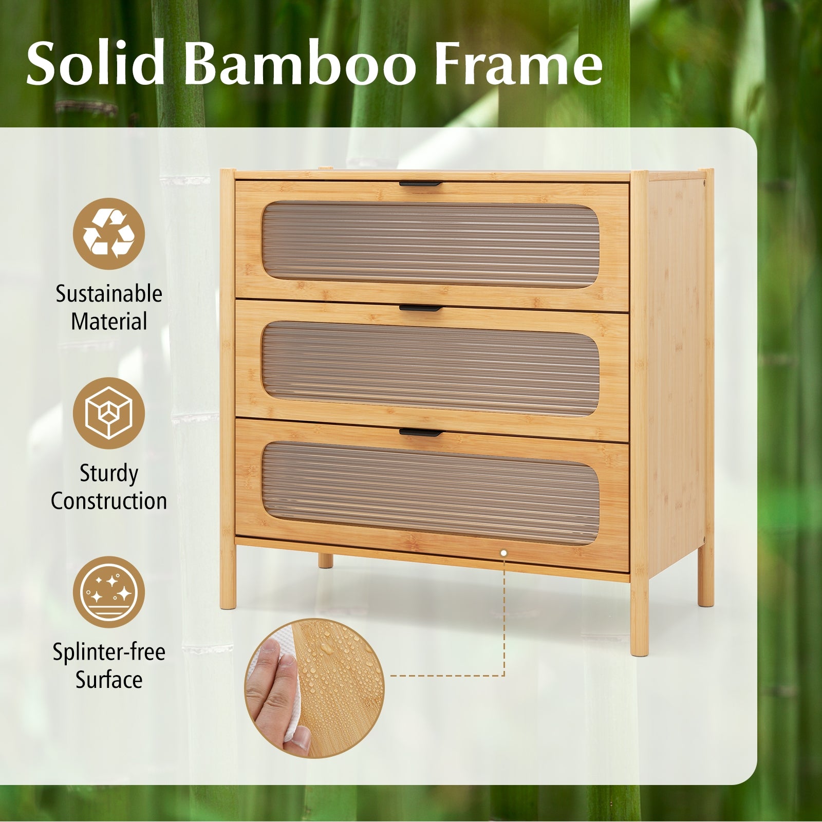 3 Drawer Mid Century Modern Chest of Drawers with Reeded Tempered Glass Front, Natural Cabinets & Chests at Gallery Canada