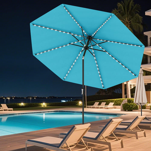 10 Feet Solar Patio Umbrella with 96 Multi-Colored Flowing LED Lights and Tilt Adjustment, Turquoise