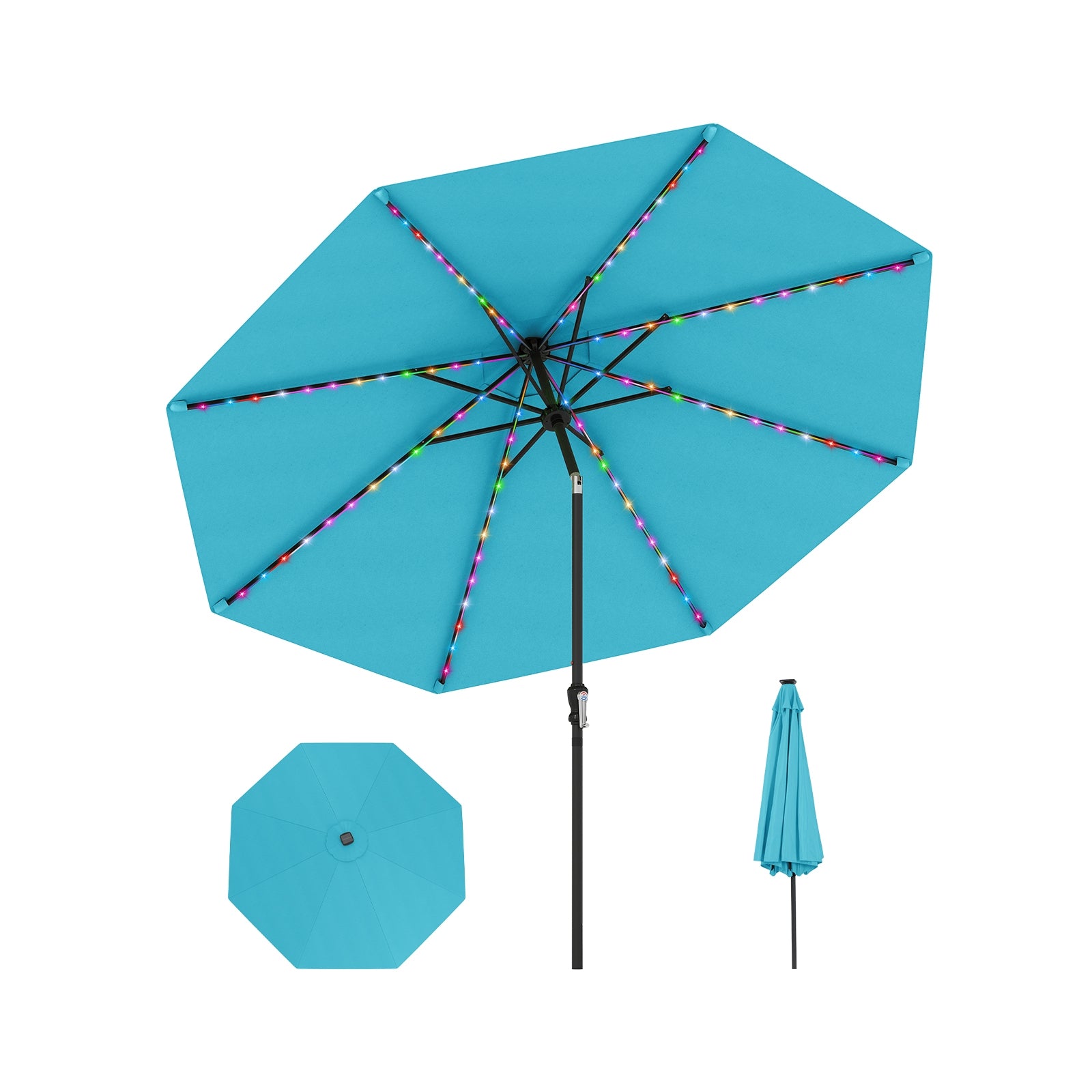 10 Feet Solar Patio Umbrella with 96 Multi-Colored Flowing LED Lights and Tilt Adjustment, Turquoise Outdoor Umbrellas Turquoise at Gallery Canada