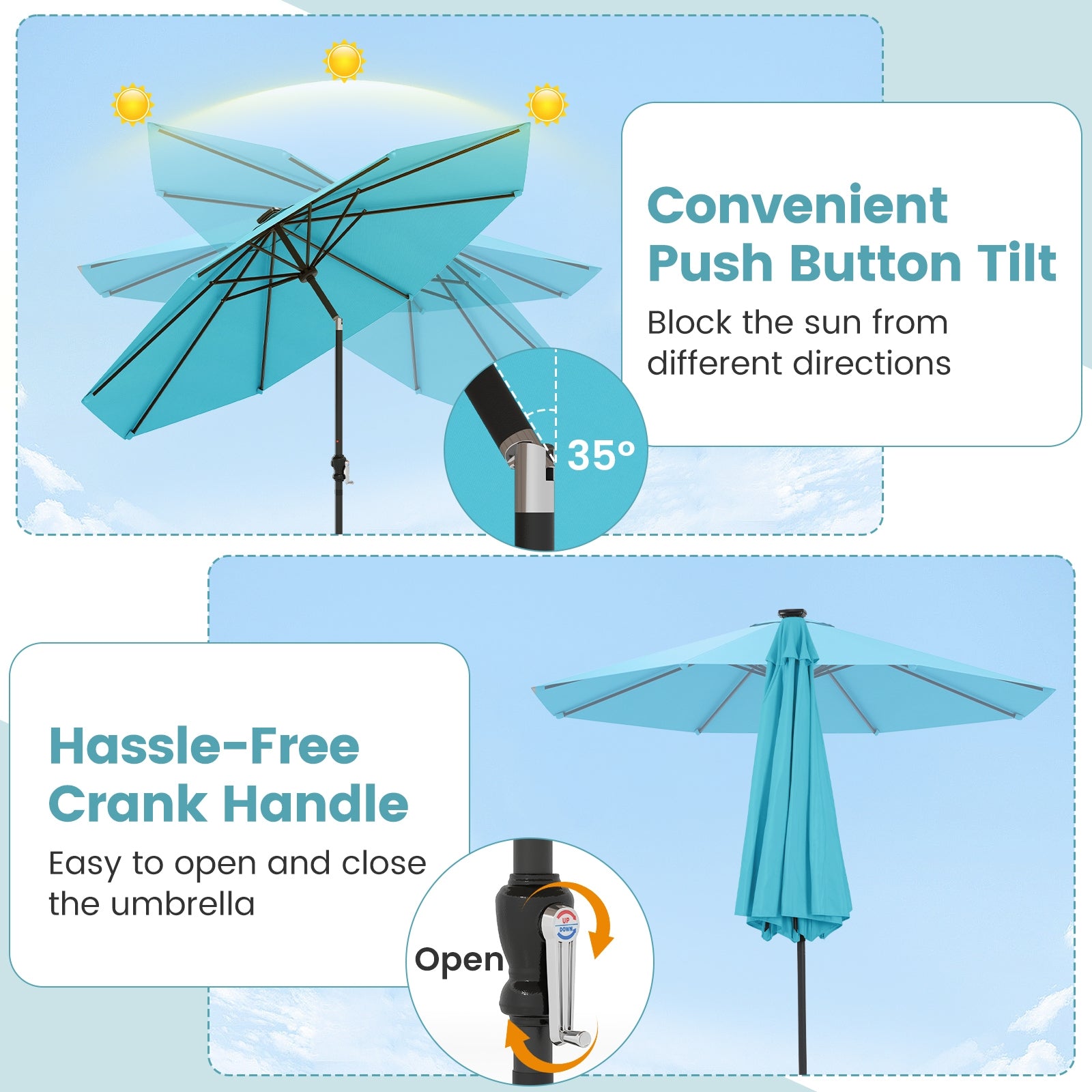 10 Feet Solar Patio Umbrella with 96 Multi-Colored Flowing LED Lights and Tilt Adjustment, Turquoise Outdoor Umbrellas at Gallery Canada