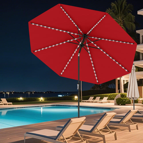 10 Feet Solar Patio Umbrella with 96 Multi-Colored Flowing LED Lights and Tilt Adjustment, Red
