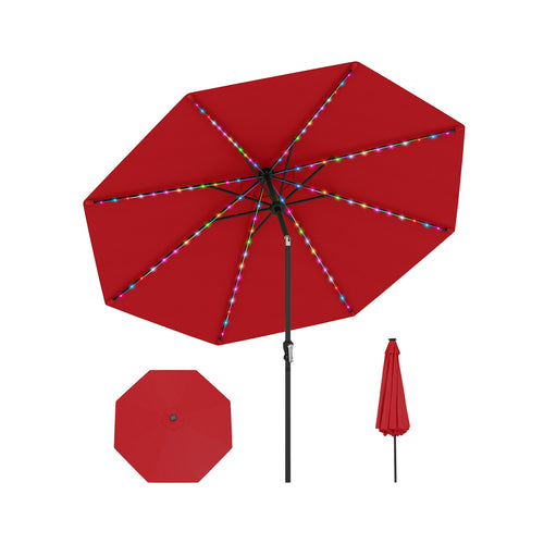 10 Feet Solar Patio Umbrella with 96 Multi-Colored Flowing LED Lights and Tilt Adjustment, Red