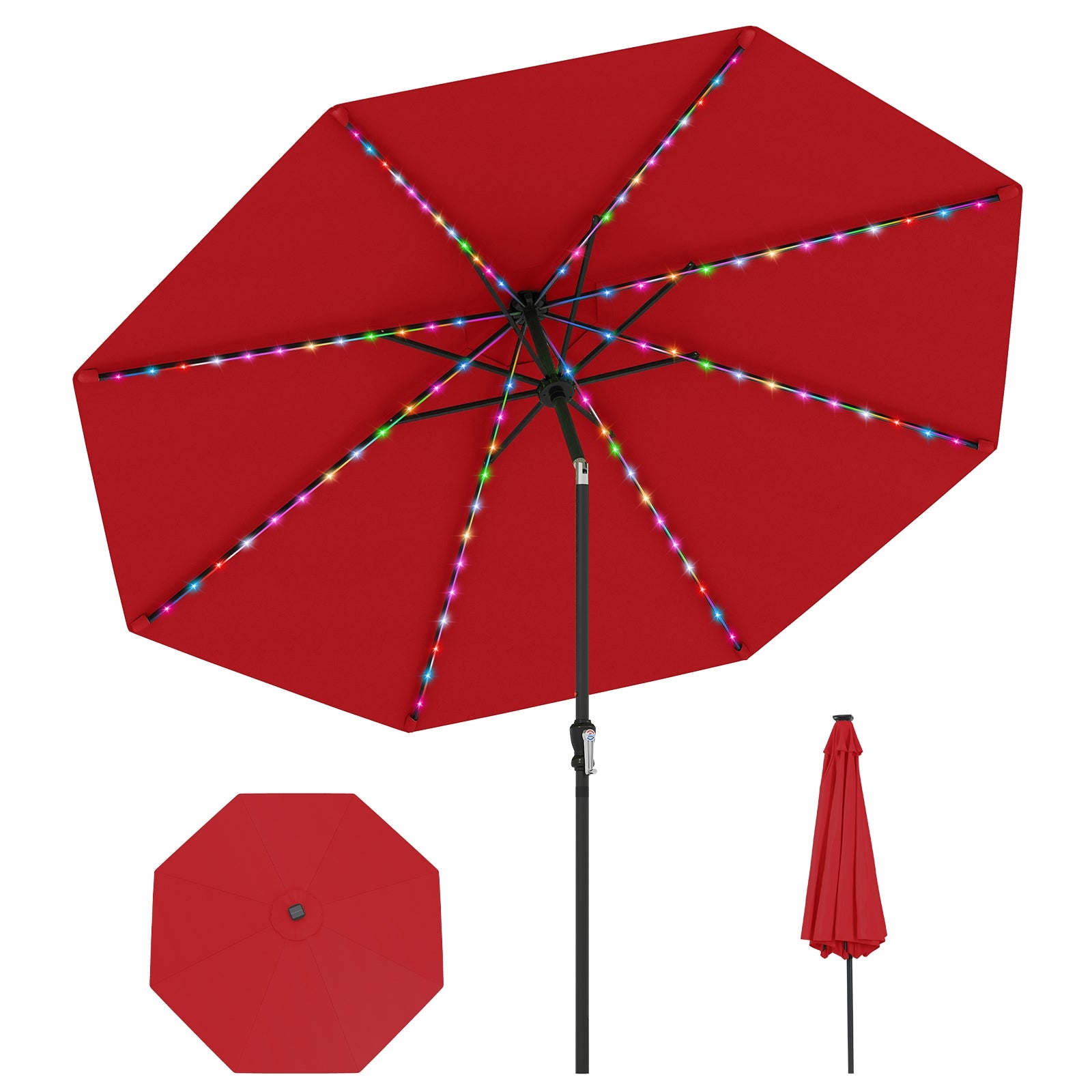 10 Feet Solar Patio Umbrella, 96 Multi-Colored LED Lights, Tilt Adjustment, Red Outdoor Umbrellas at Gallery Canada