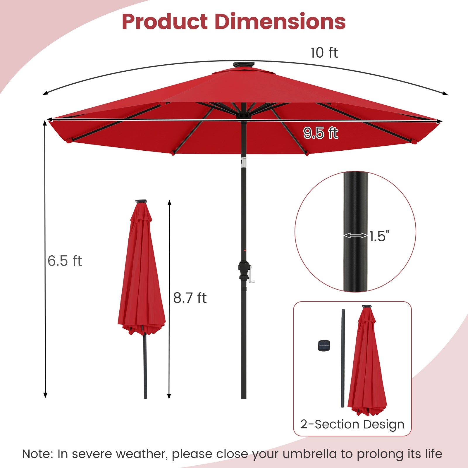 10 Feet Solar Patio Umbrella with 96 Multi-Colored Flowing LED Lights and Tilt Adjustment, Red Outdoor Umbrellas at Gallery Canada