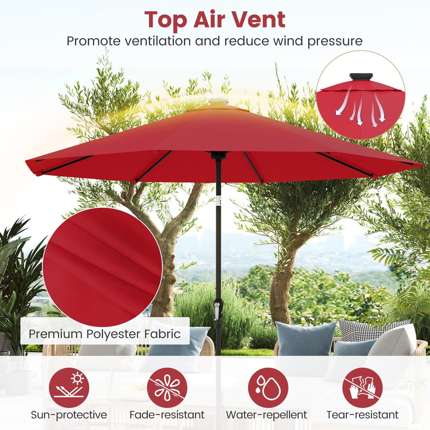 10 Feet Solar Patio Umbrella with 96 Multi-Colored Flowing LED Lights and Tilt Adjustment, Red Outdoor Umbrellas at Gallery Canada