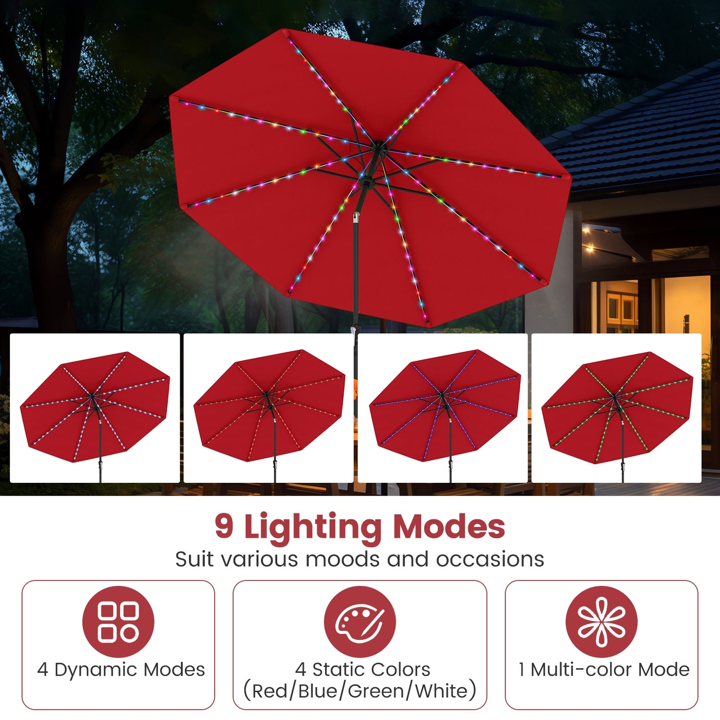 10 Feet Solar Patio Umbrella with 96 Multi-Colored Flowing LED Lights and Tilt Adjustment, Red Outdoor Umbrellas at Gallery Canada