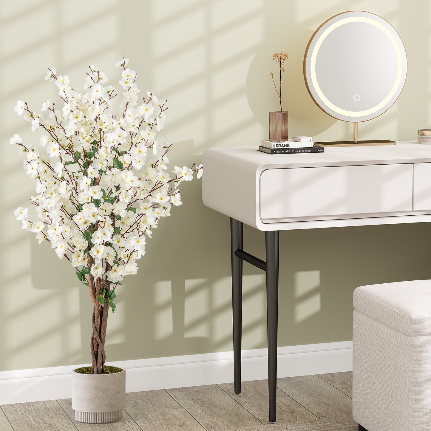 Faux Plum Blossom Plant with White Fabric Flower and Solid Wood Trunk, White Faux Plants at Gallery Canada