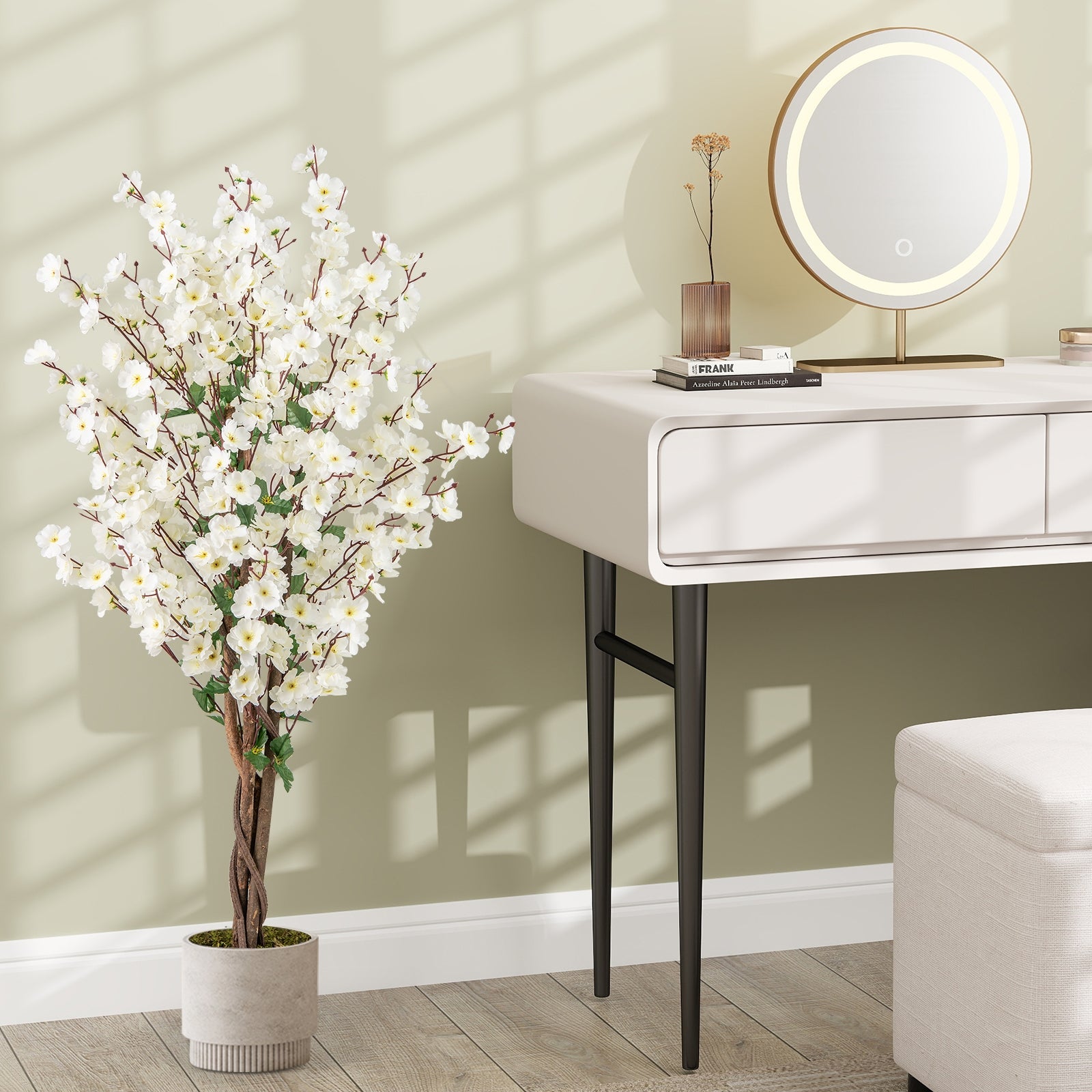 Faux Plum Blossom Plant with White Fabric Flower and Solid Wood Trunk, White Faux Plants at Gallery Canada