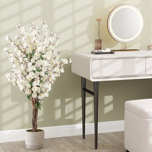 Faux Plum Blossom Plant with White Fabric Flower and Solid Wood Trunk, White