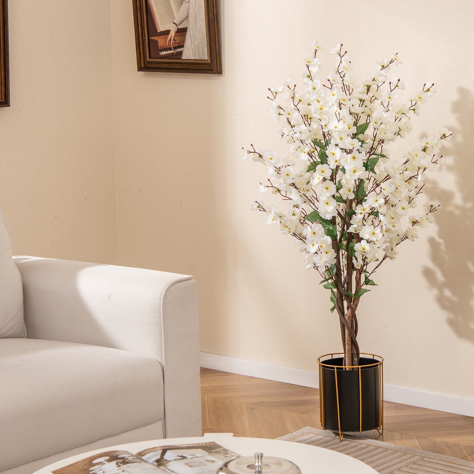 Faux Plum Blossom Plant with White Fabric Flower and Solid Wood Trunk, White Faux Plants at Gallery Canada