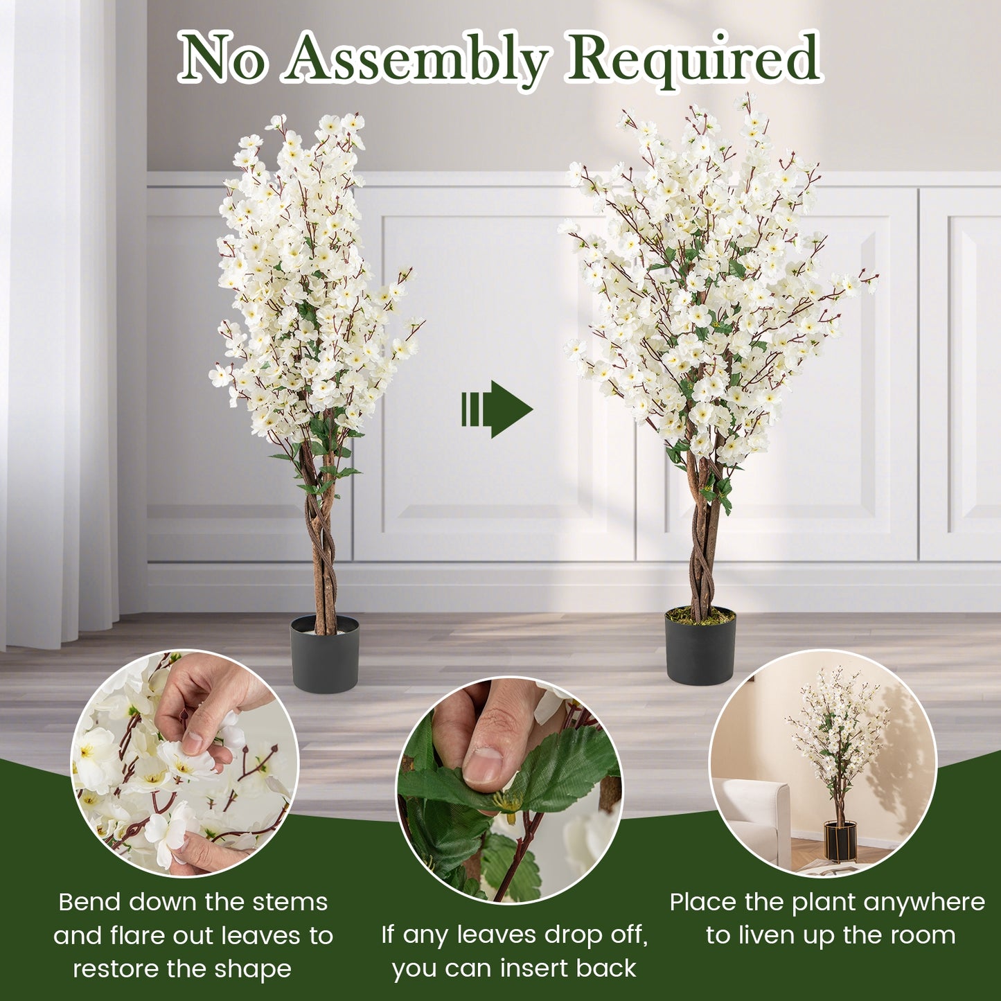 Faux Plum Blossom Plant with White Fabric Flower and Solid Wood Trunk, White Faux Plants at Gallery Canada
