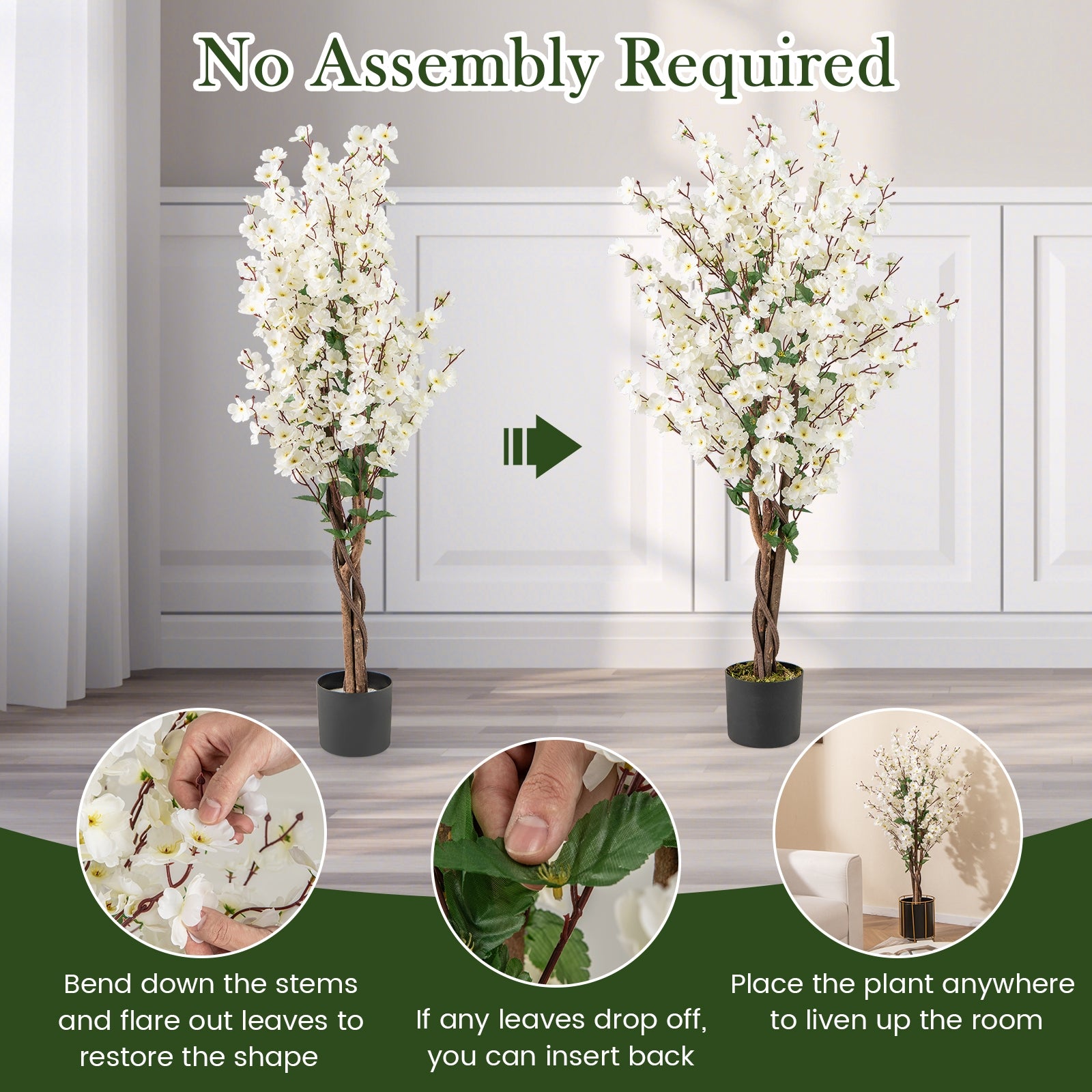 Faux Plum Blossom Plant with White Fabric Flower and Solid Wood Trunk, White Faux Plants at Gallery Canada