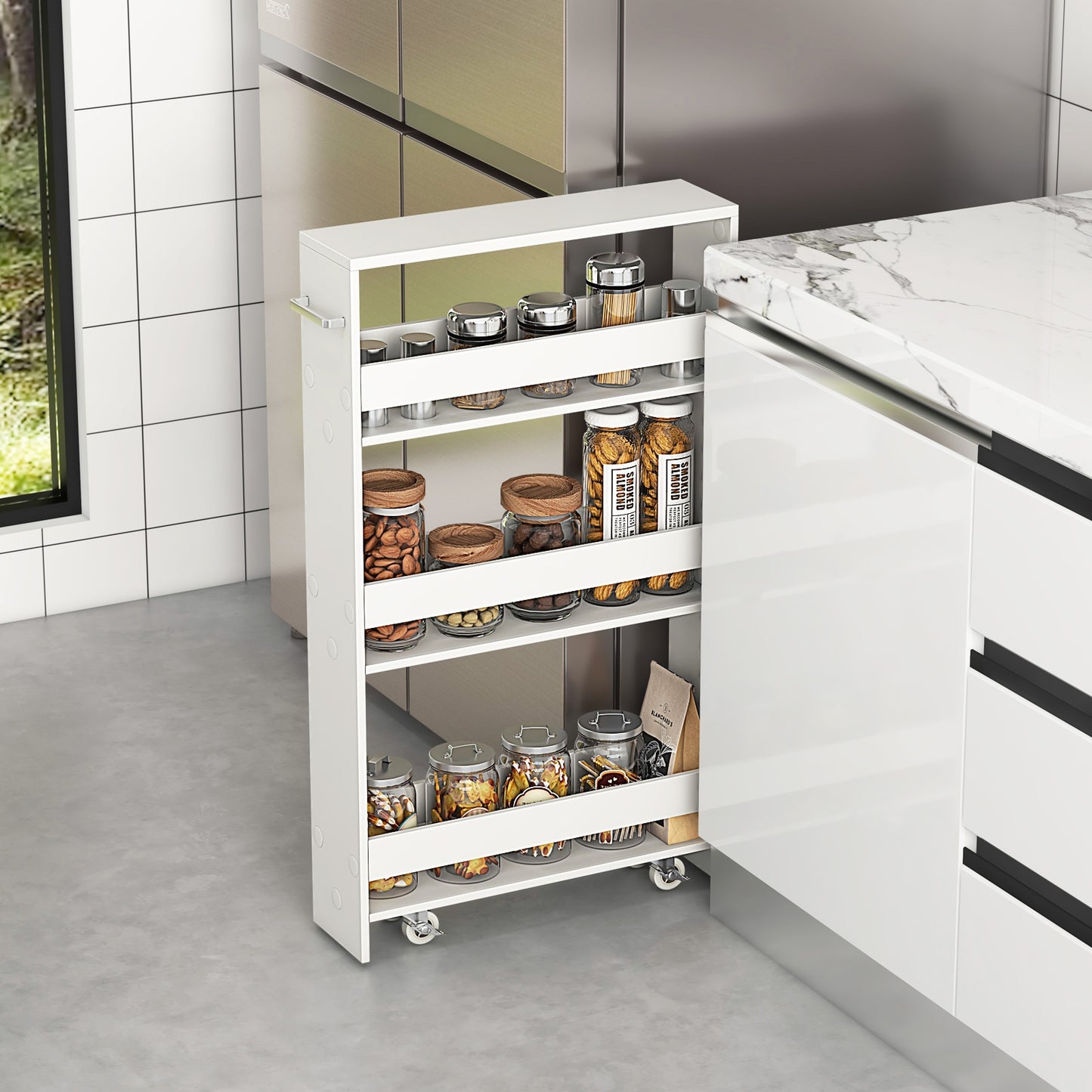 Narrow Mobile Serving Cart with Open Shelves for Kitchen Bathroom Living Room, Off White Kitchen Islands & Carts at Gallery Canada