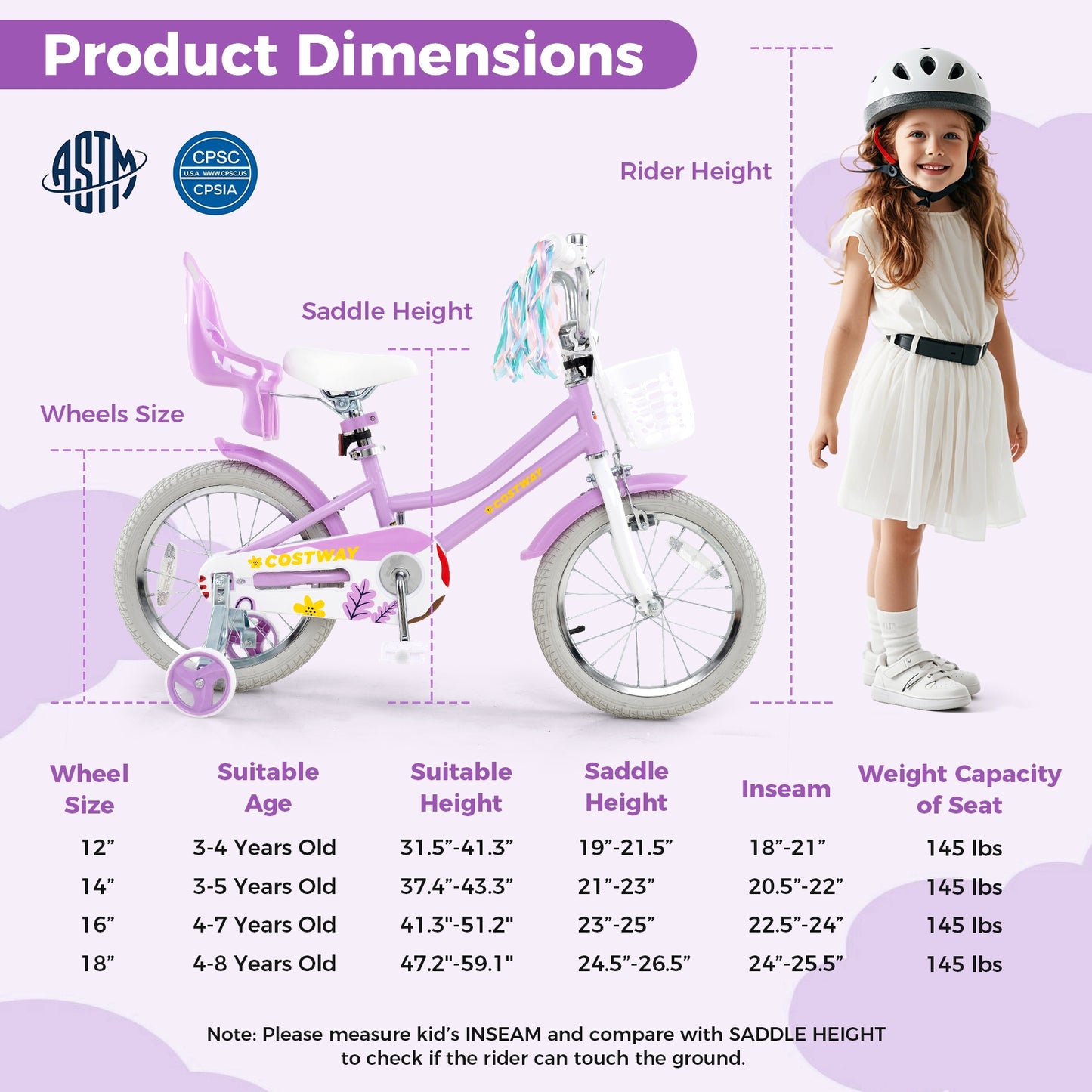 16 Inches Girls Bike Kids Bicycle with Doll Seat and Streamers for Children 4-7 Years Old, Purple Kids Bike at Gallery Canada