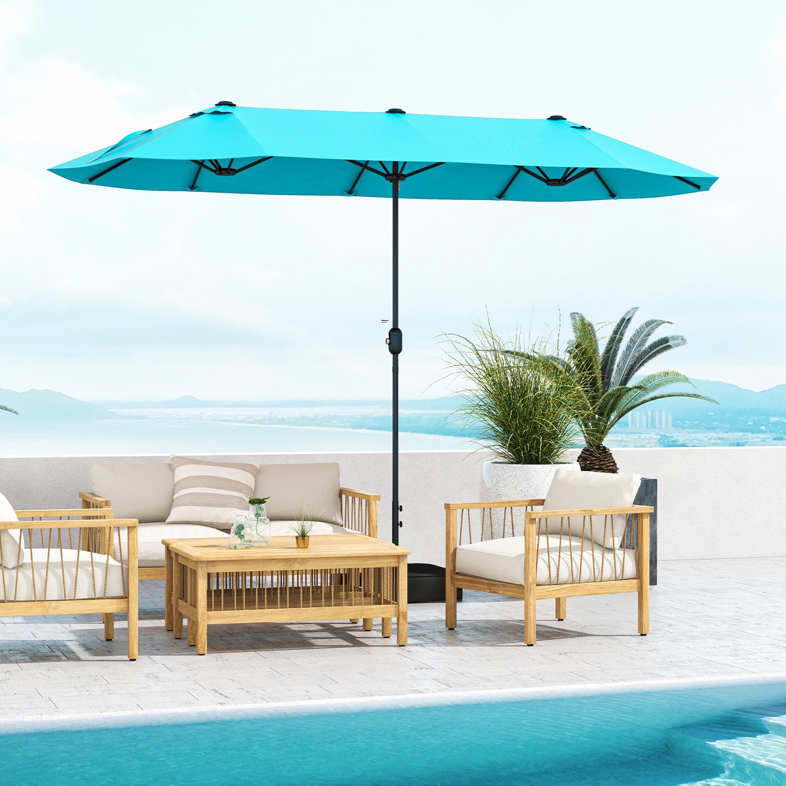 13 Feet Double-Sided Patio Twin Table Umbrella with Crank Handle, Turquoise Outdoor Umbrellas at Gallery Canada