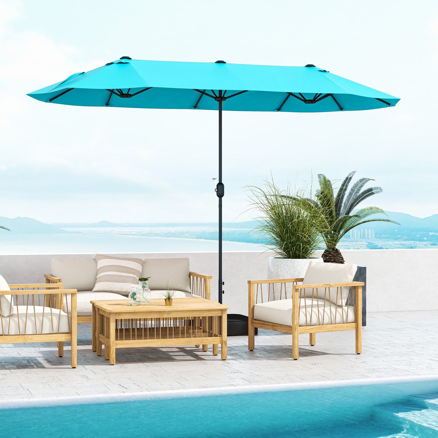 13 Feet Double-Sided Patio Twin Table Umbrella with Crank Handle, Turquoise Outdoor Umbrellas at Gallery Canada