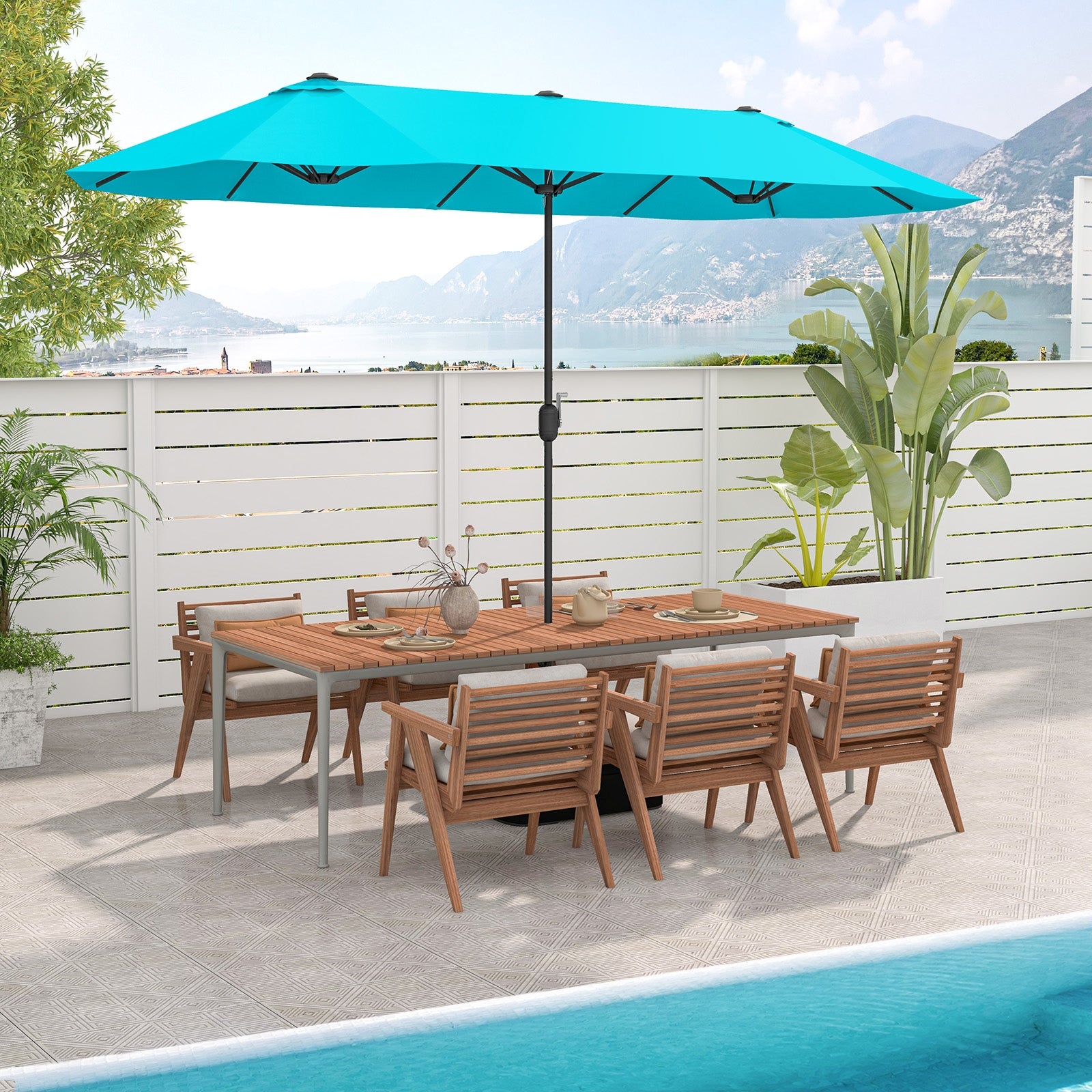 13 Feet Double-Sided Patio Twin Table Umbrella with Crank Handle, Turquoise Outdoor Umbrellas at Gallery Canada