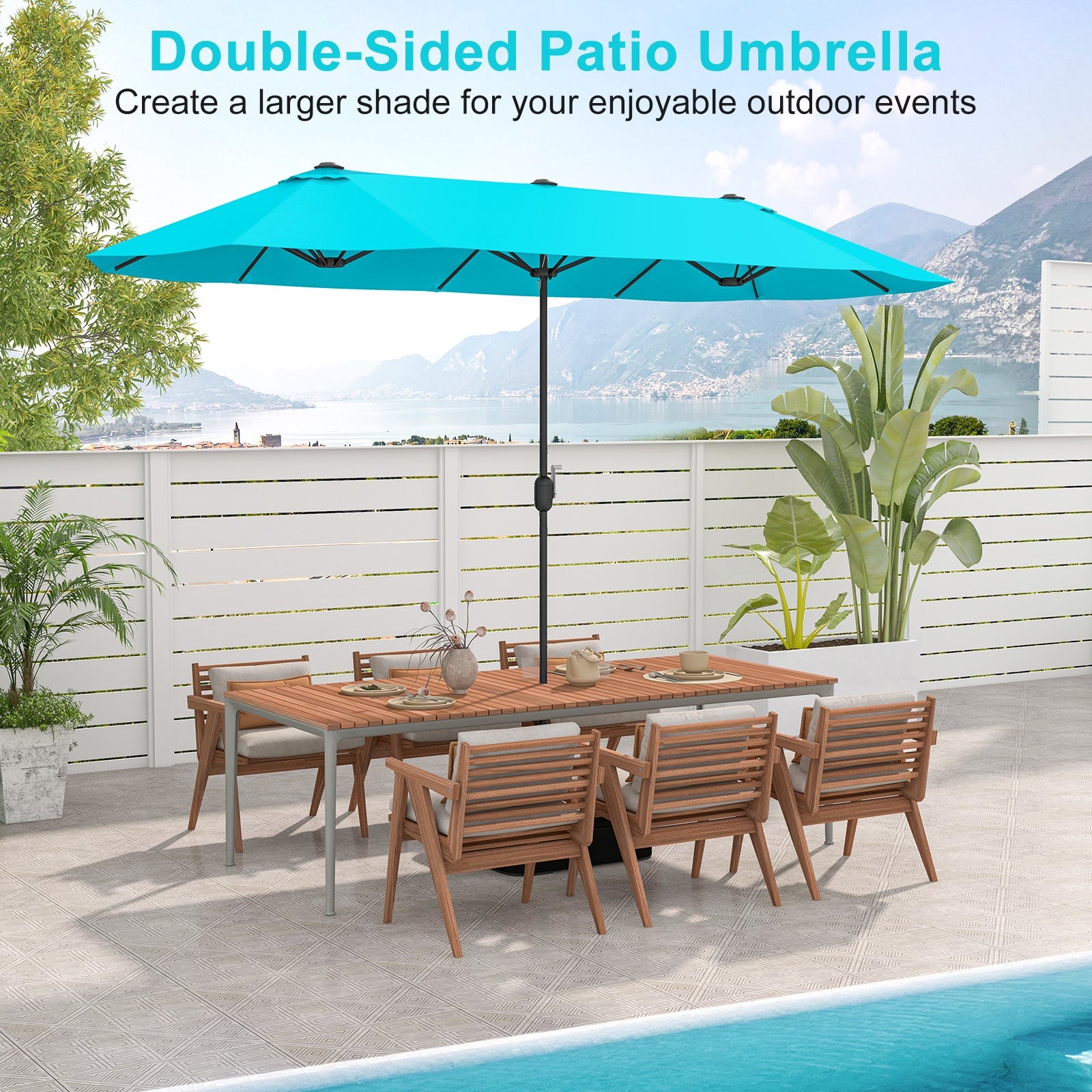 13 Feet Double-Sided Patio Twin Table Umbrella with Crank Handle, Turquoise Outdoor Umbrellas at Gallery Canada
