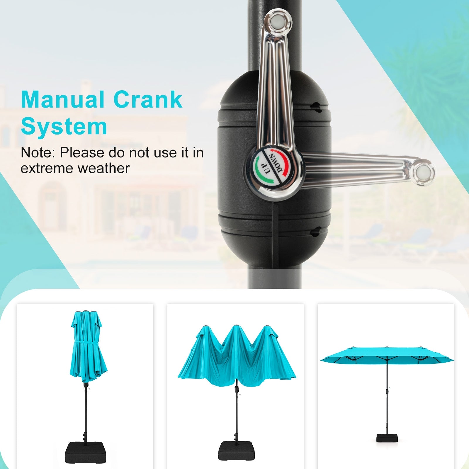 13 Feet Double-Sided Patio Twin Table Umbrella with Crank Handle, Turquoise Outdoor Umbrellas at Gallery Canada