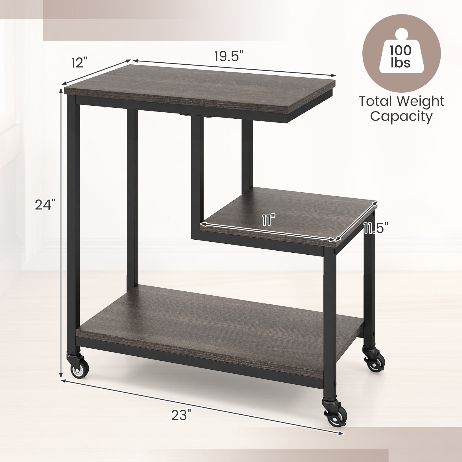 G-shaped Side Table 3-Tier Mobile End Table with Open Shelves, Gray End & Side Tables at Gallery Canada