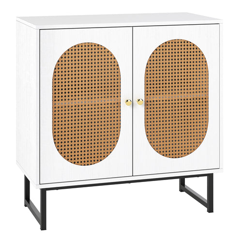 Buffet Cabinet Rattan Storage Cabinet with 2 Doors and Adjustable Shelf, White