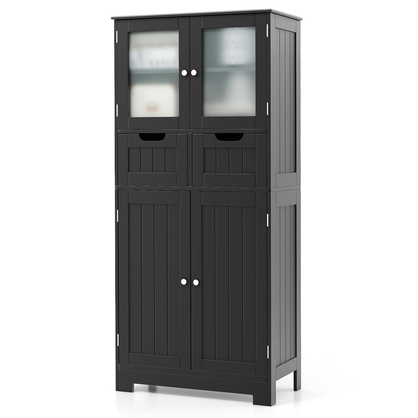 4 Door Freestanding Bathroom Floor Storage Cabinet with 2 Drawers and Glass Doors, Black Floor Cabinets Black at Gallery Canada