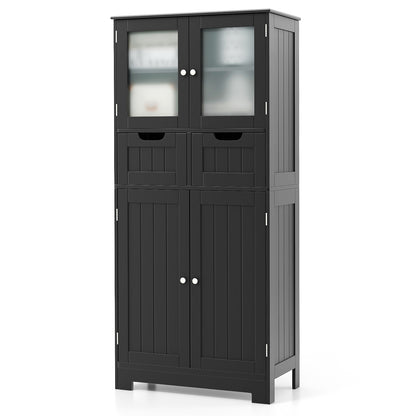 4 Door Freestanding Bathroom Floor Storage Cabinet with 2 Drawers and Glass Doors, Black Floor Cabinets Black at Gallery Canada