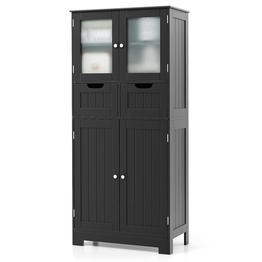 4 Door Freestanding Bathroom Cabinet, 2 Drawers, Glass Doors, Black