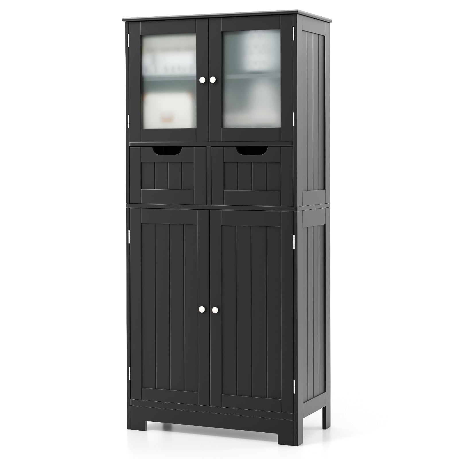 4 Door Freestanding Bathroom Floor Storage Cabinet with 2 Drawers and Glass Doors, Black Floor Cabinets at Gallery Canada