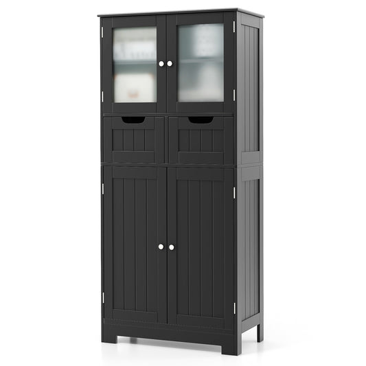 4 Door Freestanding Bathroom Cabinet, 2 Drawers, Glass Doors, Black Floor Cabinets Black at Gallery Canada