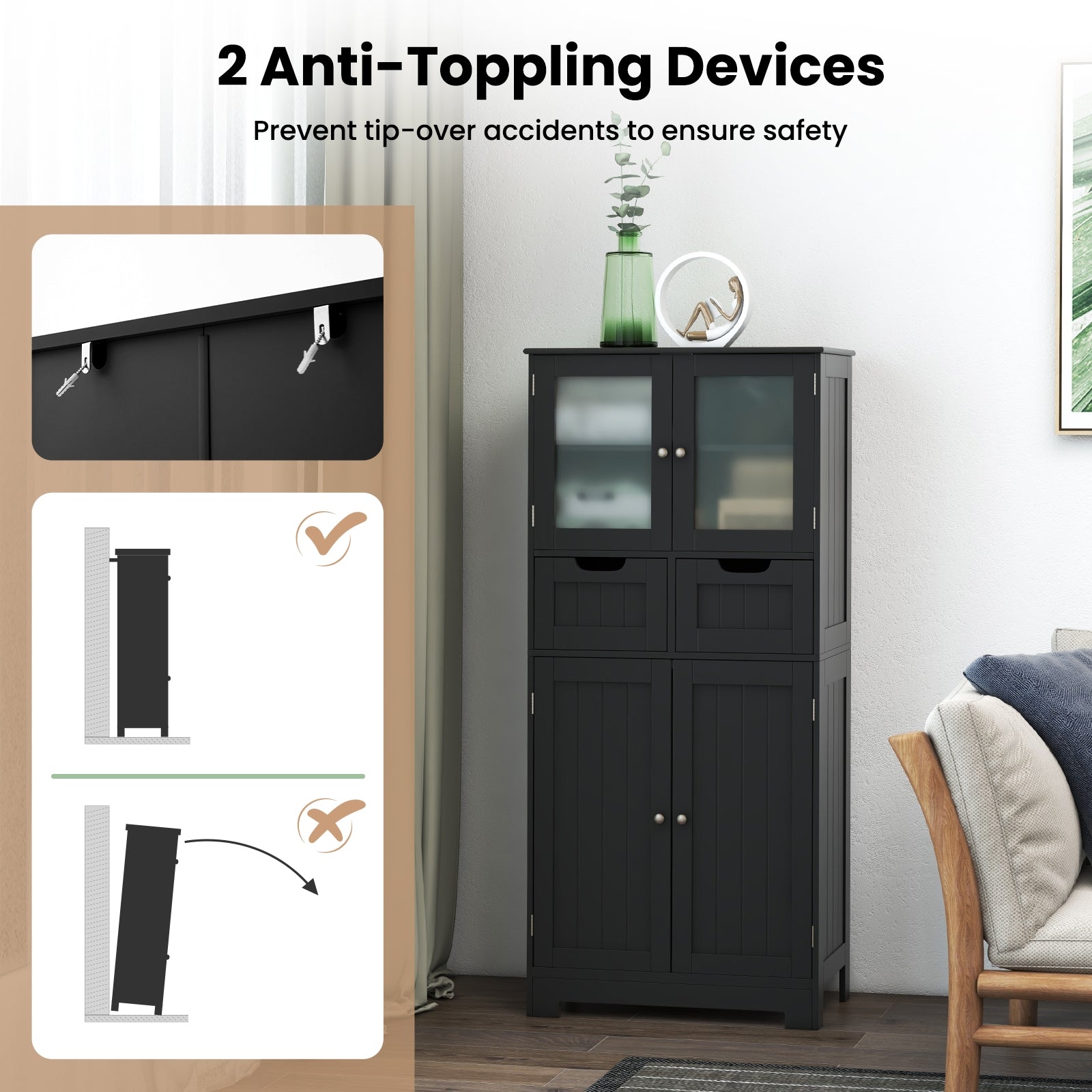 4 Door Freestanding Bathroom Floor Storage Cabinet with 2 Drawers and Glass Doors, Black Floor Cabinets at Gallery Canada