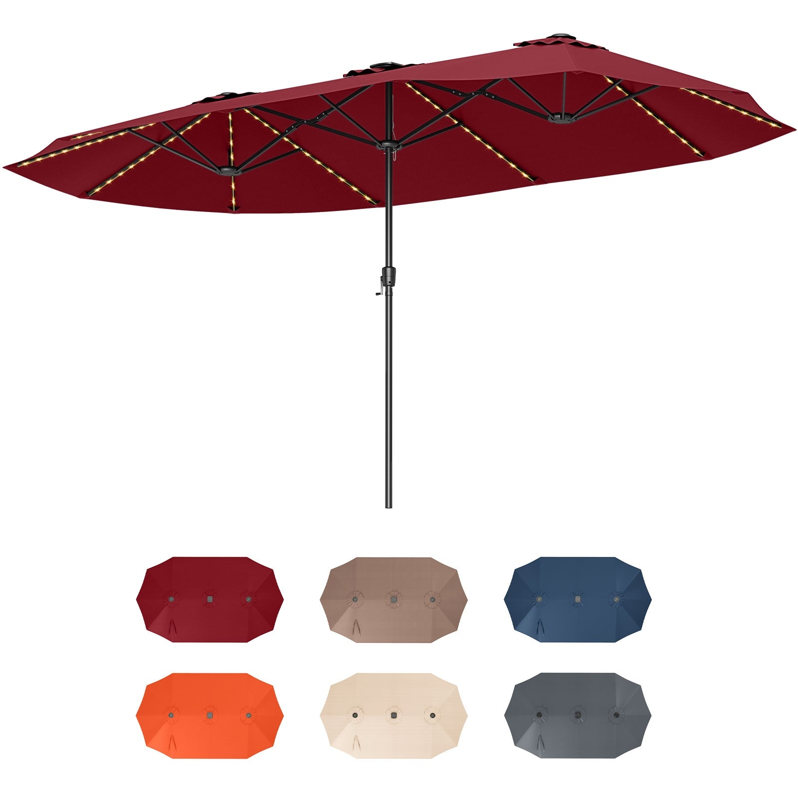 15.5 FT Extra-Large Patio Umbrella with LED Solar Lights and Crank Handle, Red Outdoor Umbrellas Red at Gallery Canada
