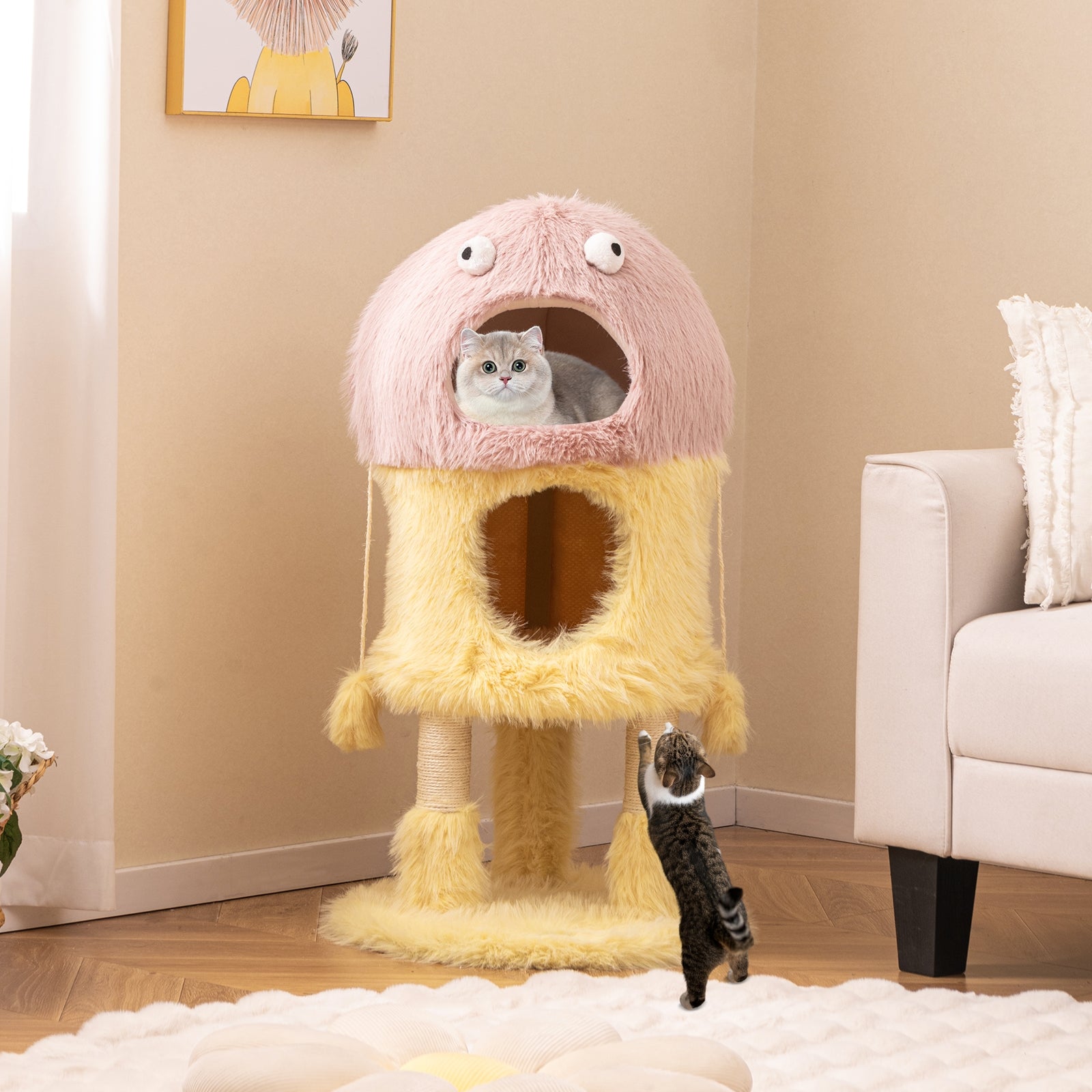 Cute Monster-Themed Cat Tower with 2 Private Condos and 3-Level Activity Center, Yellow Cat Trees Condos & Scratchers at Gallery Canada