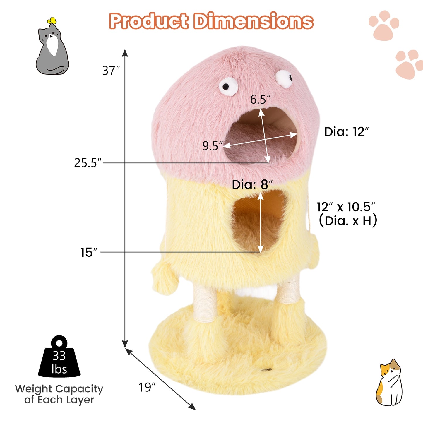 Cute Monster-Themed Cat Tower with 2 Private Condos and 3-Level Activity Center, Yellow Cat Trees Condos & Scratchers at Gallery Canada