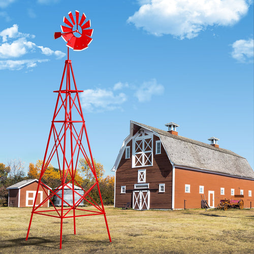8 Feet Metal Windmill Ornamental Wind Wheel, Weather Resistant, Red