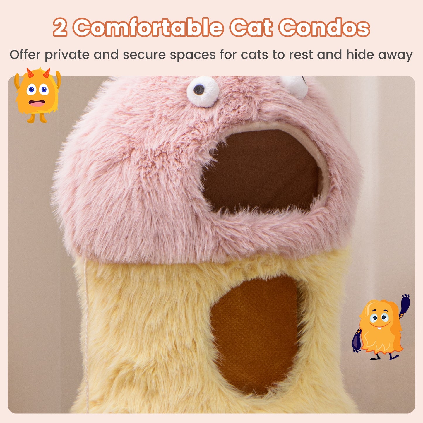 Cute Monster-Themed Cat Tower with 2 Private Condos and 3-Level Activity Center, Yellow Cat Trees Condos & Scratchers at Gallery Canada