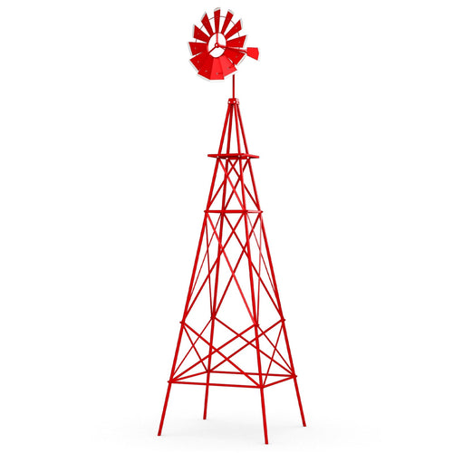 8 Feet Metal Windmill Ornamental Wind Wheel, Weather Resistant, Red