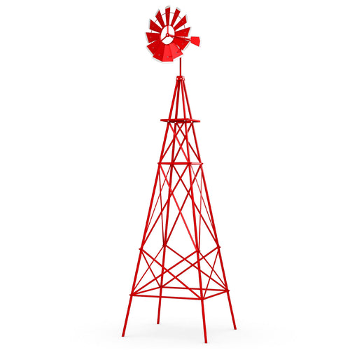 8 Feet Metal Windmill Ornamental Wind Wheel, Weather Resistant, Red