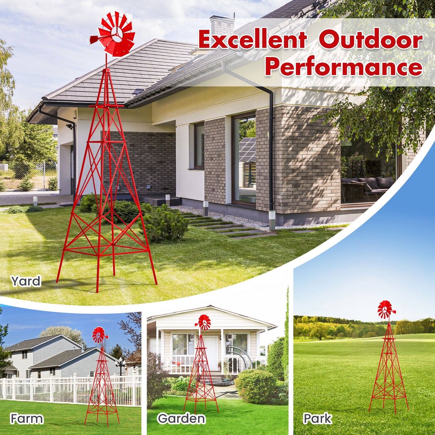 8 Feet Metal Windmill Ornamental Wind Wheel, Weather Resistant, Red Outdoor Decor at Gallery Canada