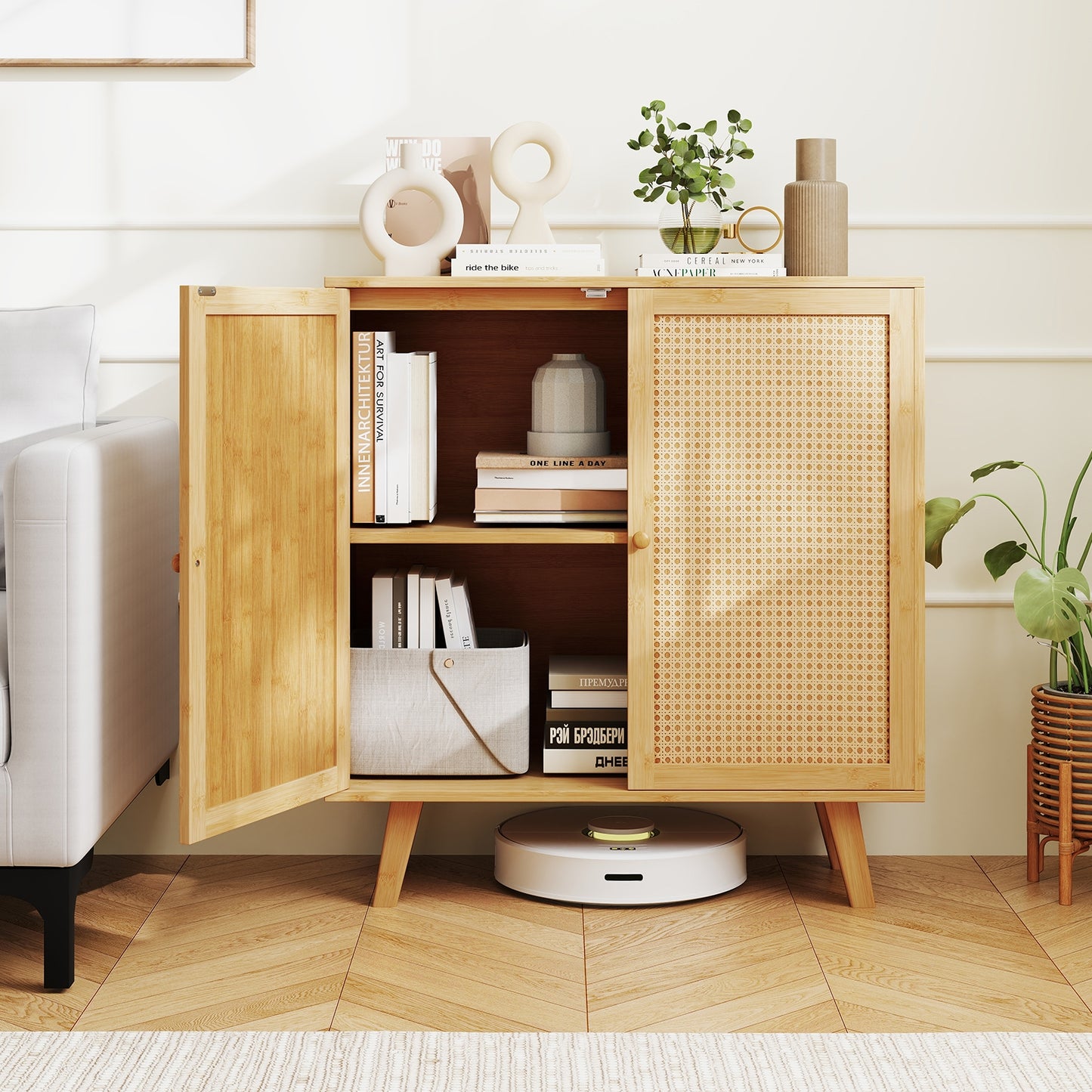 Bamboo Buffet Storage Cabinet with PE Rattan Doors and Freestanding Kitchen Cupboard, Natural Cabinets & Chests at Gallery Canada