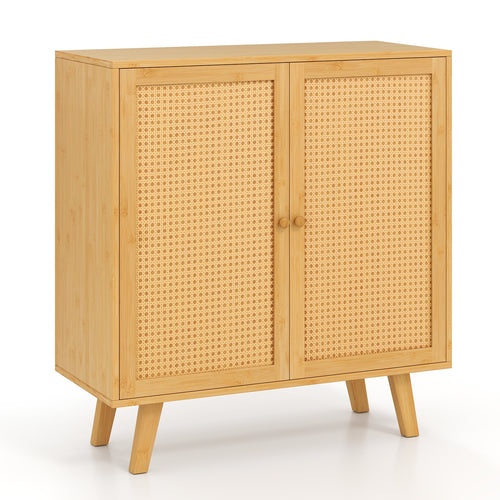 Bamboo Buffet Cabinet, PE Rattan Doors, Freestanding Kitchen Cupboard, Natural