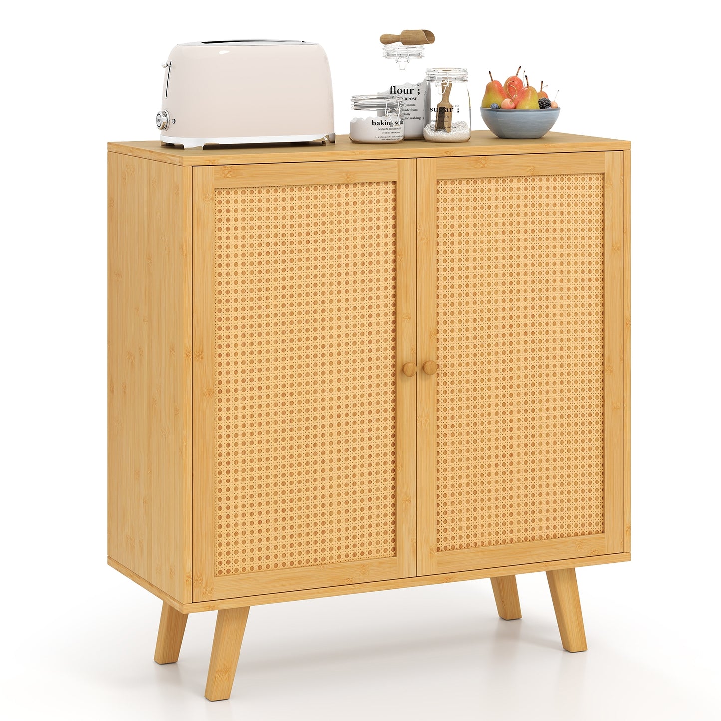 Bamboo Buffet Storage Cabinet with PE Rattan Doors and Freestanding Kitchen Cupboard, Natural Cabinets & Chests at Gallery Canada