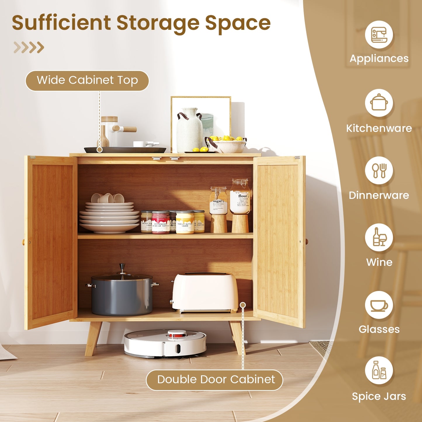 Bamboo Buffet Storage Cabinet with PE Rattan Doors and Freestanding Kitchen Cupboard, Natural Cabinets & Chests at Gallery Canada