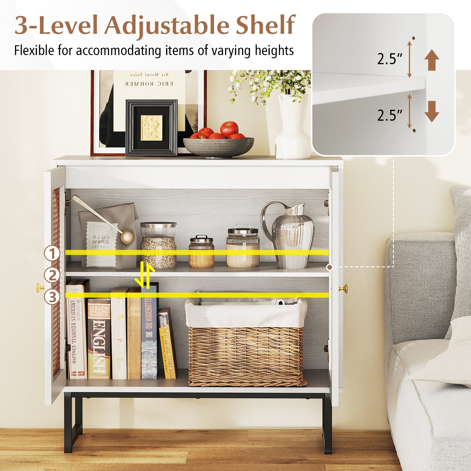 Buffet Cabinet Rattan Storage Cabinet with 2 Doors and Adjustable Shelf, White Sideboards Cabinets & Buffets at Gallery Canada