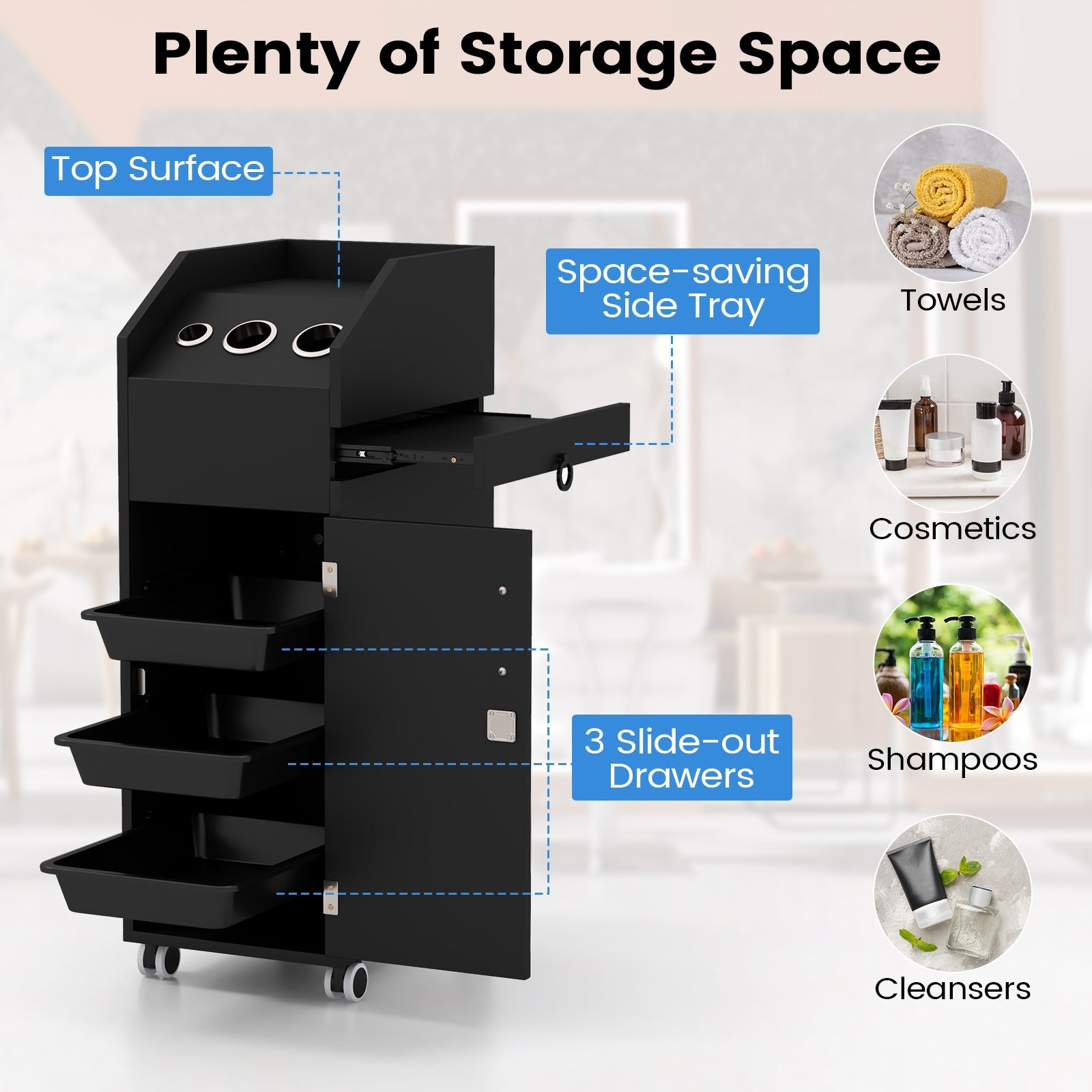 Salon Trolley Cart 360° Rolling Tool Cart Mobile Storage Station with 4 Lockable Wheels, Black Spa & Salon at Gallery Canada