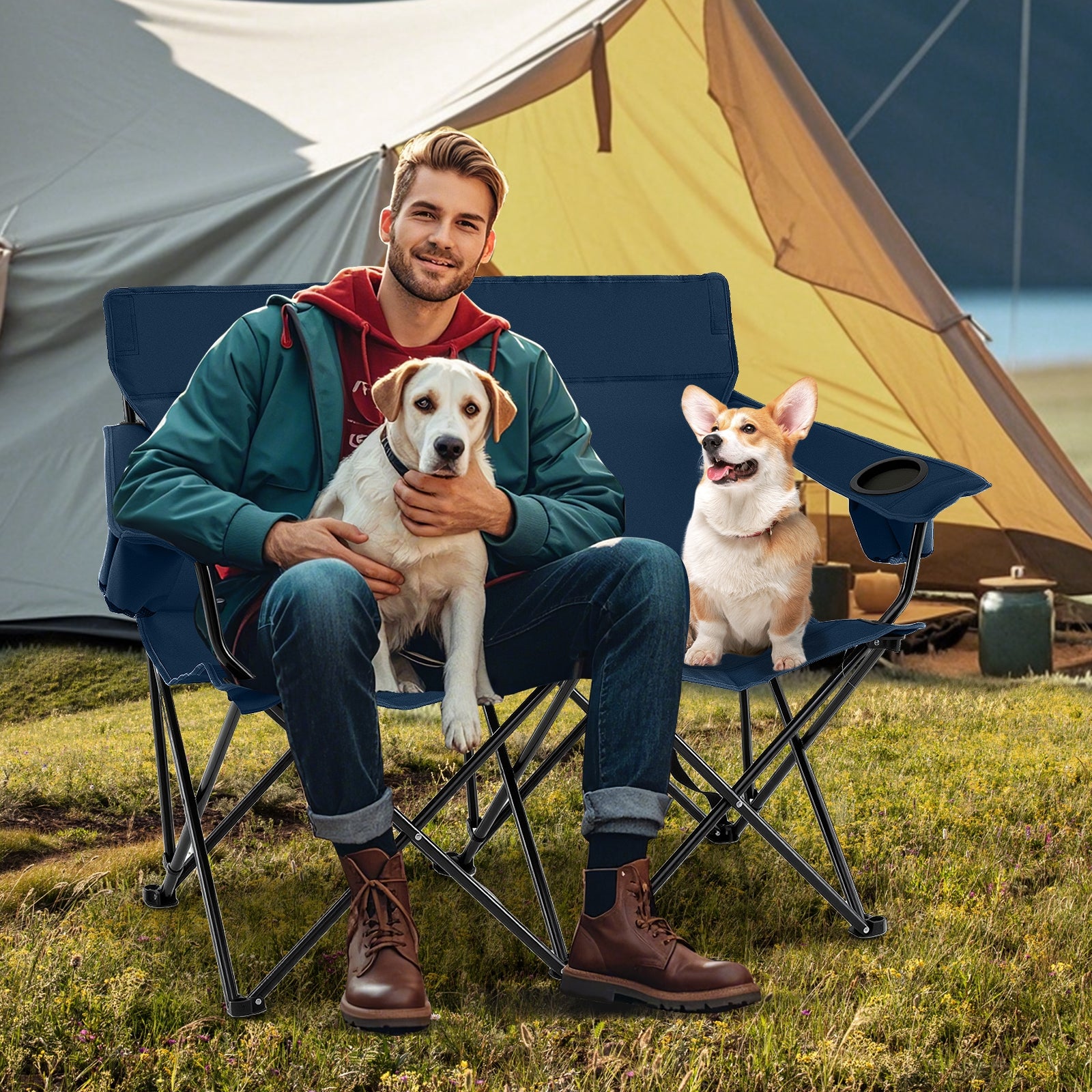 Double Camping Chair 2-Person Outdoor Folding Loveseat with Cup Holders, Blue Camping Furniture at Gallery Canada