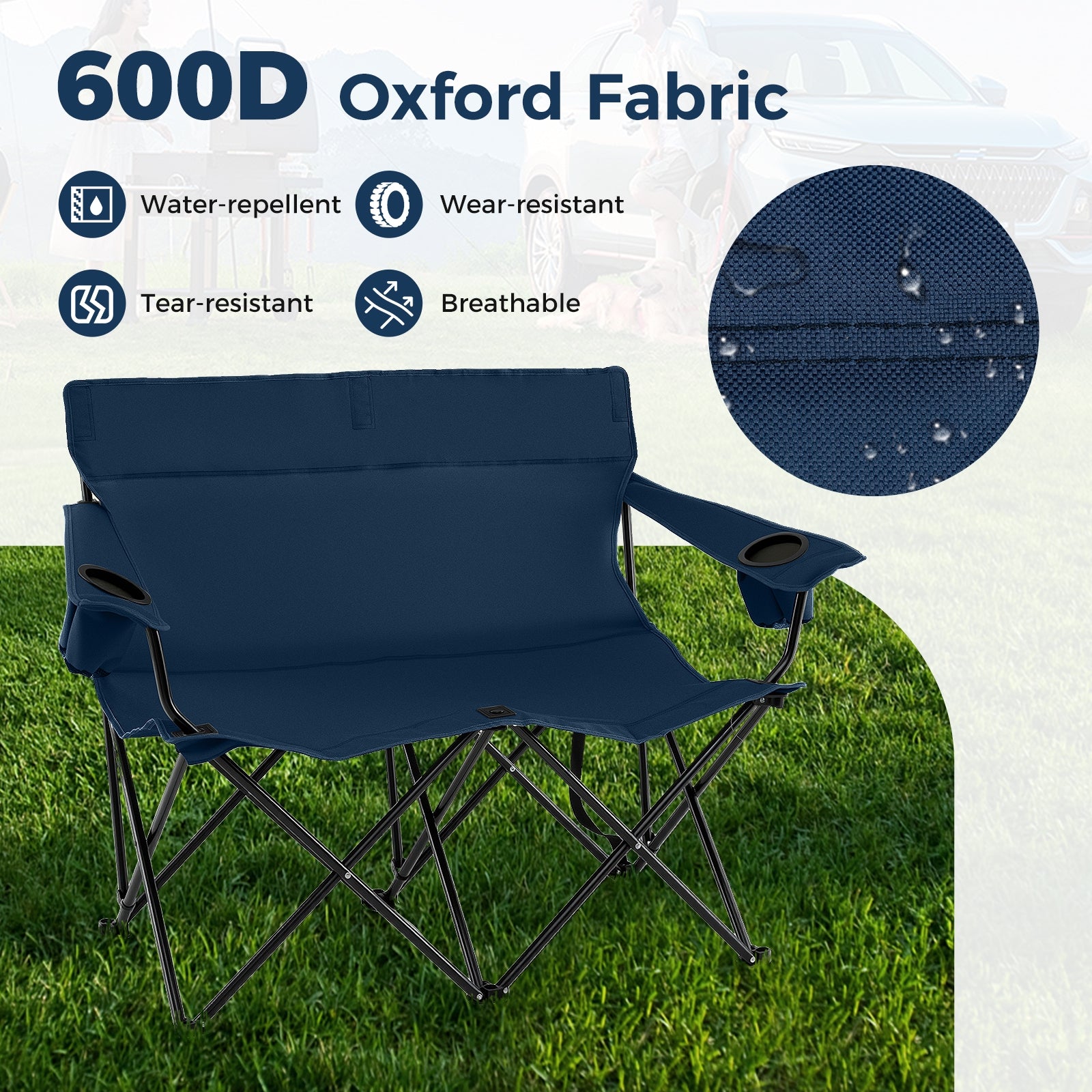 Double Camping Chair 2-Person Outdoor Folding Loveseat with Cup Holders, Blue Camping Furniture at Gallery Canada