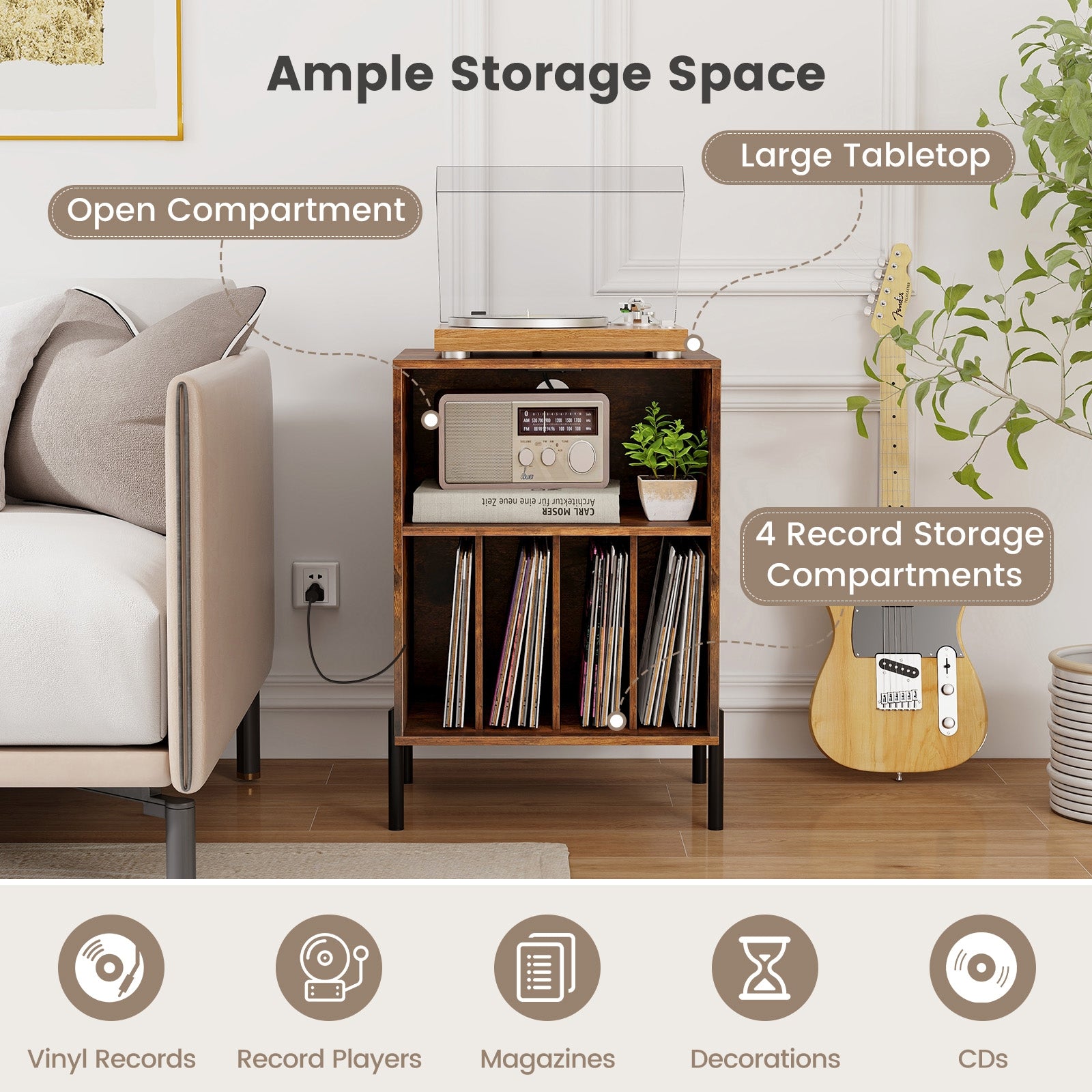 Record Player Stand with Record Storage Shelf and Charging Station, Coffee End & Side Tables at Gallery Canada